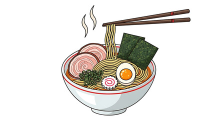 Delicious Bowl of Ramen with Egg, Pork, and Seaweed Illustration
