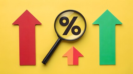 Upward arrows and magnifying glass with percentage symbol on yellow – Growth, Data, Finance, Analytics, Trend, Conceptual, Business, Growth
