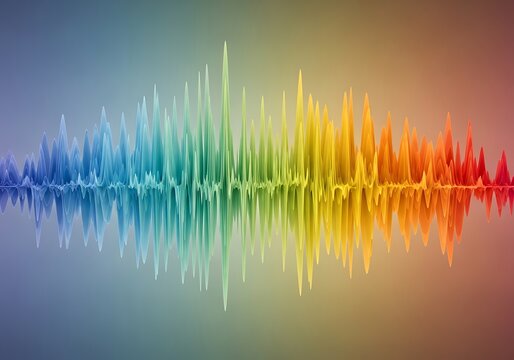 Vibrant abstract sound waves or audio equalizer, showcasing a colorful rainbow spectrum with reflections. Ideal for music, technology, data visualization, and digital art themes.