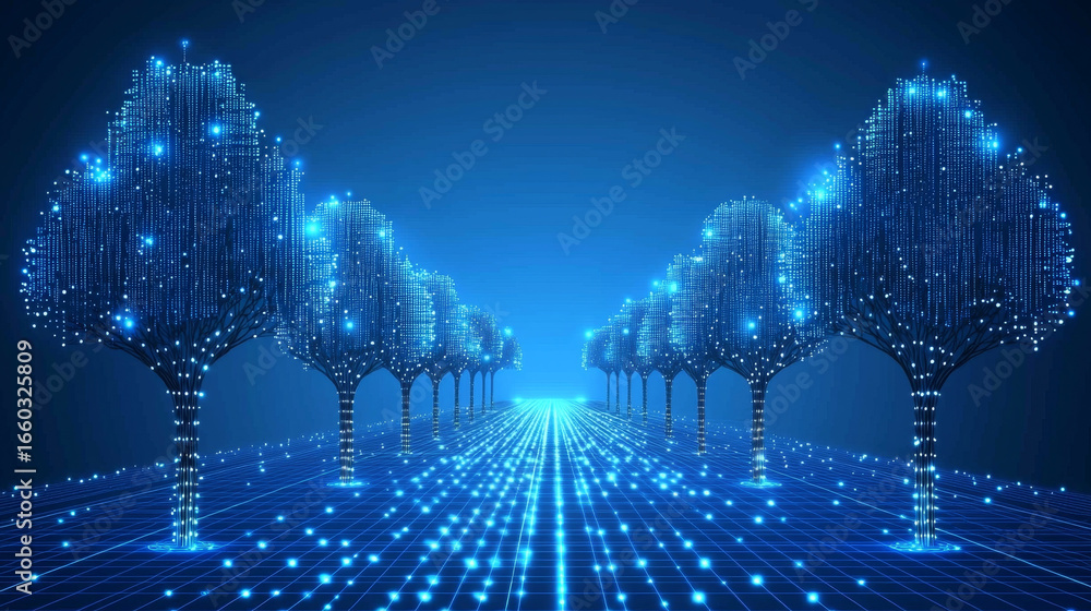 Poster futuristic virtual world featuring glowing digital trees lined along pathway, creating mesmerizing a