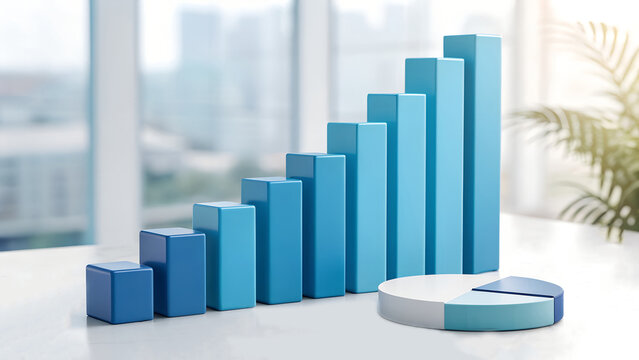 3D bar graph and pie chart in bright office with city view – Data, Analytics, Growth, Corporate, Strategy, Visualization, Business, Growth