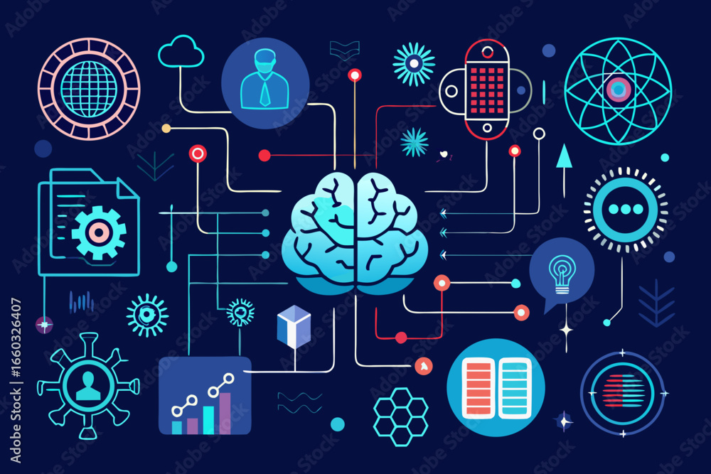 Poster dynamic brain concept with network connections, global data flow, and innovative solutions for moder