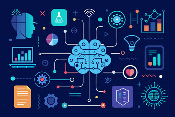 Innovative Brain Concept with Data Visualization, AI, and Technology Elements for Digital Marketing and Business Intelligence