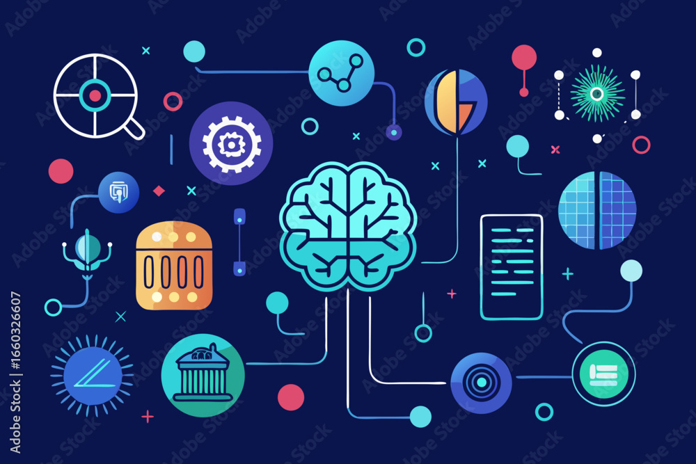 Poster brainstorming innovative ideas, complex data analysis, and technological advancements visualized thr