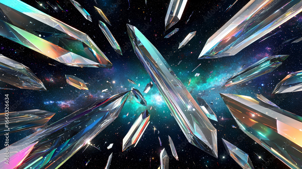 Poster crystals float in vibrant cosmic space, reflecting light in various colors, creating mesmerizing vis