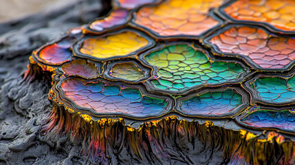 Vibrant, hyper realistic geometric abstraction showcases colorful, iridescent surface with hexagonal patterns. intricate details and vivid colors evoke sense of wonder and beauty