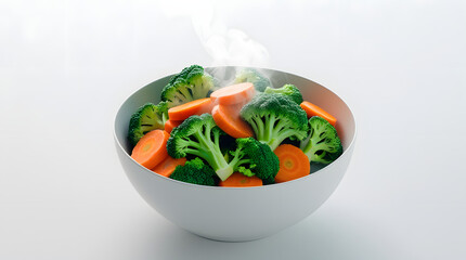 Minimal Flat Vector of Steaming Bowl with Boiled Broccoli and Carrots, Healthy Food Illustration, Isolated Clean Design for Kitchen and Nutrition