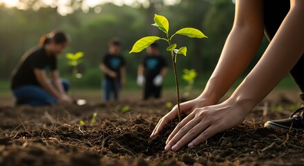 Hands planting a sapling in fertile soil during a sunny day, symbolizing growth and environmental awareness.