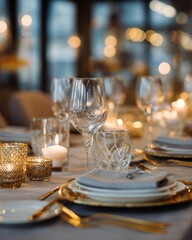 Elegant table set up for a romantic dinner. Concept of catering, hospitality and private dining. Selective focus on the glassware. MZ 