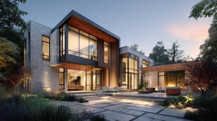 Fototapeta premium Modern architectural design of a stylish house in a serene natural setting with large windows illuminated by soft evening light creating an inviting atmosphere