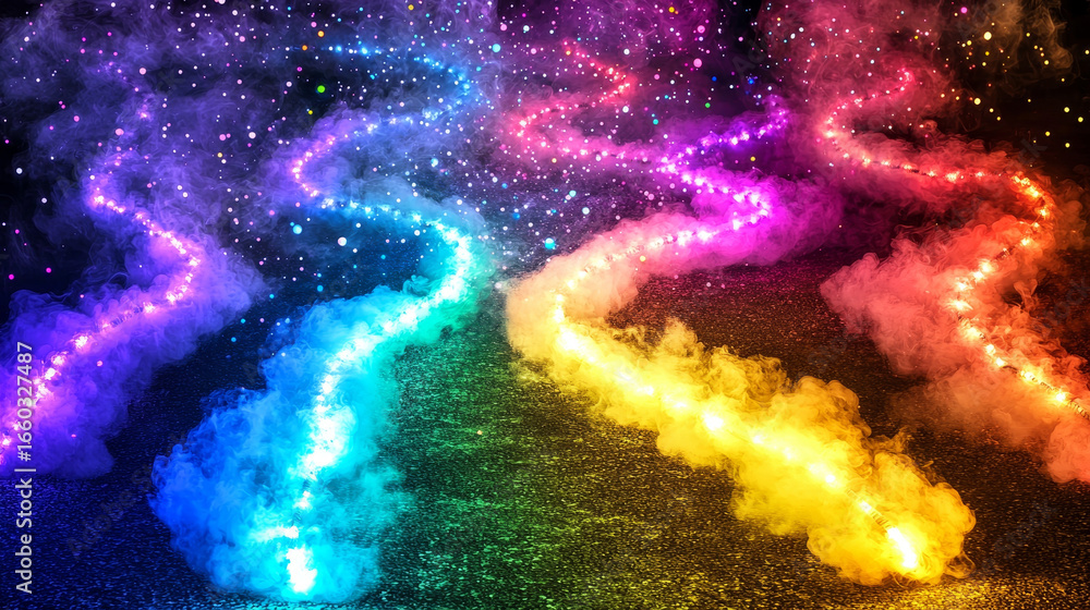 Poster vibrant neon lines twist through colorful mist, creating mesmerizing visual effect. glowing hues of 
