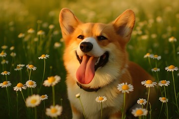 Corgi Sitting in Daisy Meadow with Tongue Out Under Warm Sunlight