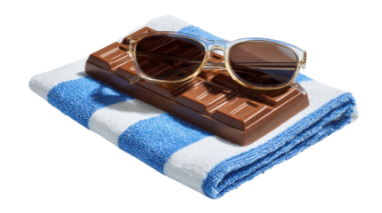 Chocolate Bar with Sunglasses on a Striped Towel A Sweet Summer Treat for Beach Lovers and Chocolate Enthusiasts Alike