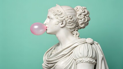 Classical statue blowing pink bubble gum against teal background – Surreal, Playful, Editorial, Pop Culture, Art Remix, Conceptual