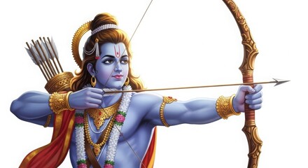 Lord Rama aiming bow and arrow on white background