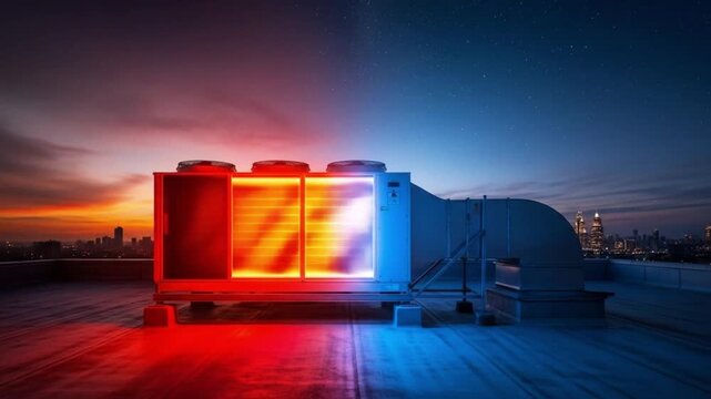 Air conditioning system on a rooftop at night, showcasing the contrast between heating and cooling with red and blue lights, city skyline in background