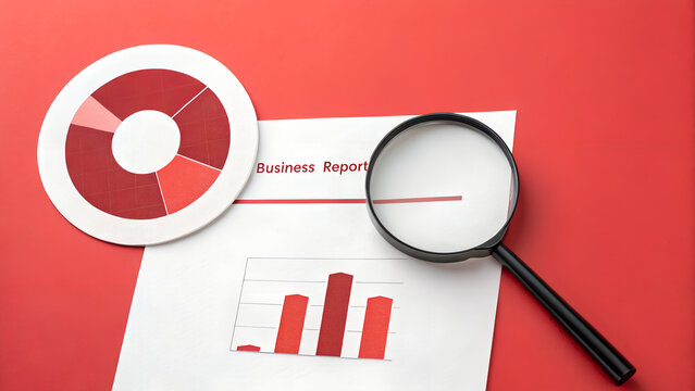 Business report with bar graph and pie chart under magnifying glass on red background – Data Analysis, Corporate, Abstract, Editorial, Finance, Strategy
