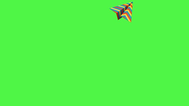 Origami papper plane animated, Colored paper plane flies diagonally on a green screen