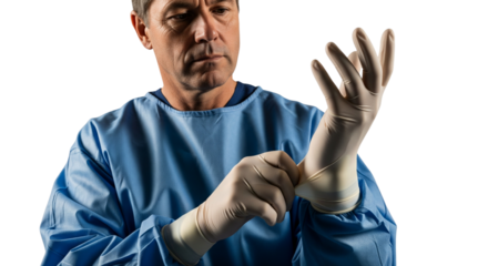 Focused Medical Professional in Scrubs Adjusting Protective Gloves