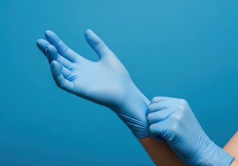 Close-up of hands putting on sterile blue disposable gloves for medical and hygiene protection