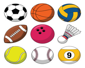 A colorful collection of vector sport balls for popular games like football, basketball, and tennis