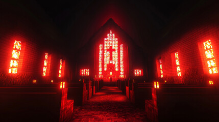 Hyper realistic gothic cathedral interior illuminated by red light creates dramatic and intense atmosphere. stained glass windows cast vibrant hues, enhancing spiritual ambiance