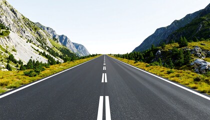 Naklejka premium A paved road stretches through a scenic mountain valley, disappearing into the horizon under a bright sky.