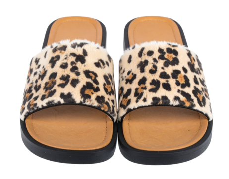 Leopard Print Slide Sandals with Faux Fur Straps, isolated on transparent background.