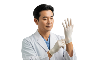 Focused Asian Medical Doctor Donning Protective Surgical Gloves for Healthcare Procedure