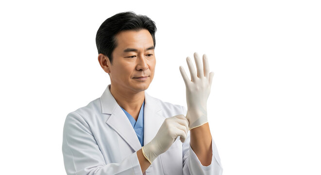 Focused Asian Medical Doctor Donning Protective Surgical Gloves for Healthcare Procedure - Powered by Adobe