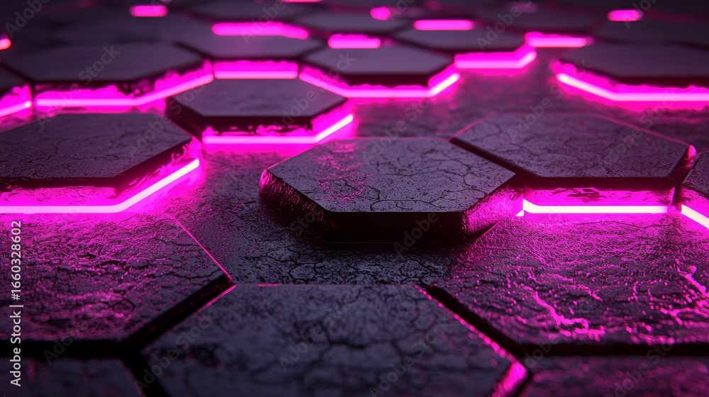 Poster hyper realistic hexagonal mesh surface features glowing pink edges, creating vibrant and futuristic 
