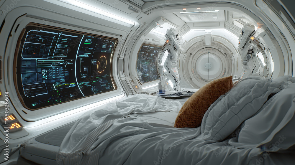 Poster futuristic high tech laboratory featuring sleek design, advanced technology, and robotic figures. ro