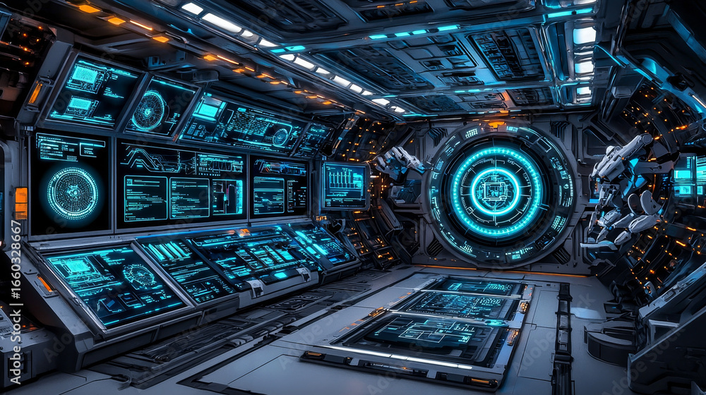 Poster hyper realistic high tech laboratory featuring advanced technology, illuminated screens, and intrica