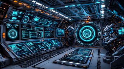 Hyper realistic high tech laboratory featuring advanced technology, illuminated screens, and intricate machinery. atmosphere is futuristic and immersive, showcasing blend of innovation and design