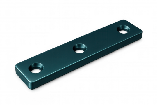 Metallic dark turquoise mounting plate with three precision holes, engineered for industrial fabrication and workshop applications