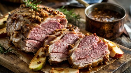 Cider brined pork loin with walnut crust sliced on rustic wooden board, showing pink interior with caramelized apple garnish and reduction sauce in copper pan