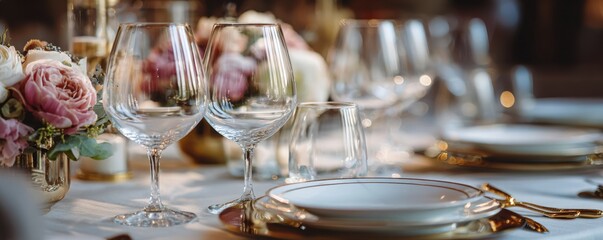 Elegant table set up for a romantic dinner. Concept of catering, hospitality and private dining. Selective focus on the glassware. MZ 