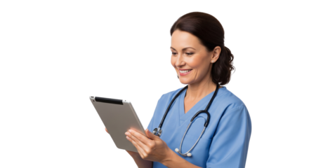 Smiling Female Medical Professional in Scrubs Using Digital Tablet for Patient Care