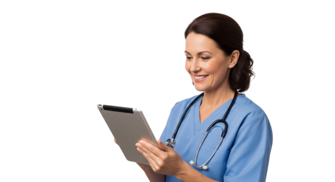Smiling Female Medical Professional in Scrubs Using Digital Tablet for Patient Care