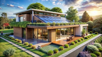 Fototapeta premium sustainable eco-house with solar panels, green roof, and open courtyard.
