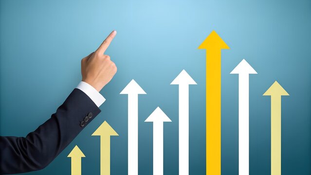 Hand pointing upward toward colorful rising arrows on blue background – Progress Concept, Business, Motivation, Abstract, Strategy, Success