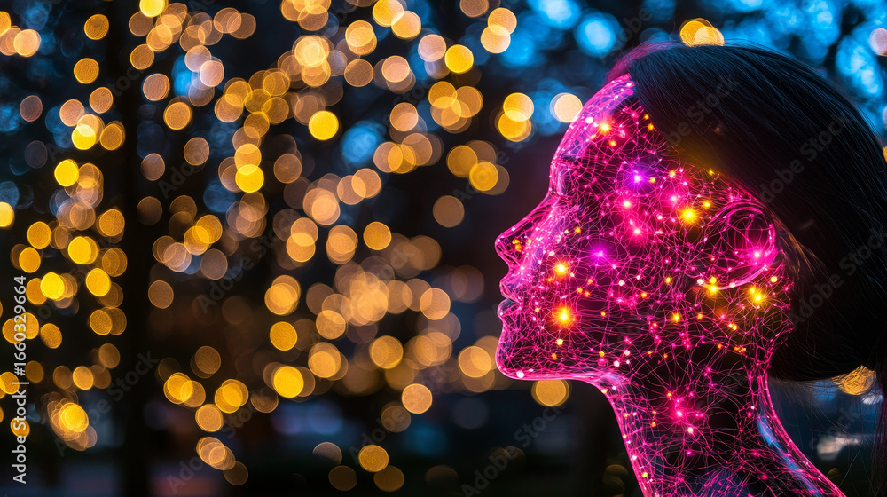 Poster hyper realistic humanoid ai robot with illuminated features stands against backdrop of glowing bokeh