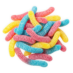 A pile of colorful gummy worms covered in sugar, isolated on a transparent background, representing a sweet and sour candy treat