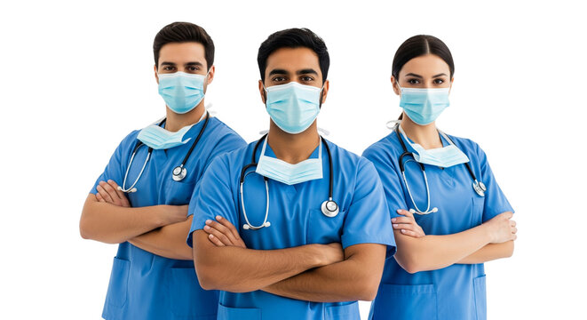 Confident and Diverse Medical Team in Scrubs and Protective Masks