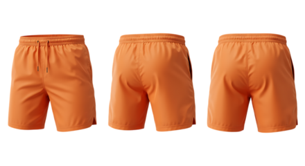 Front and back views of orange men's athletic shorts, mock-up design, Isolated on white background

