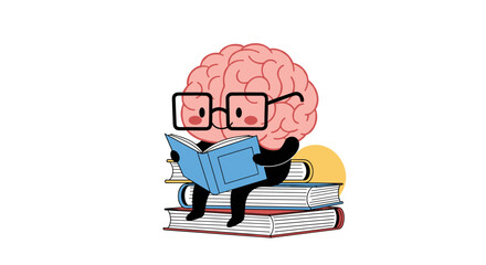 Intelligent character with glasses reading book while sitting on stack of books illustration