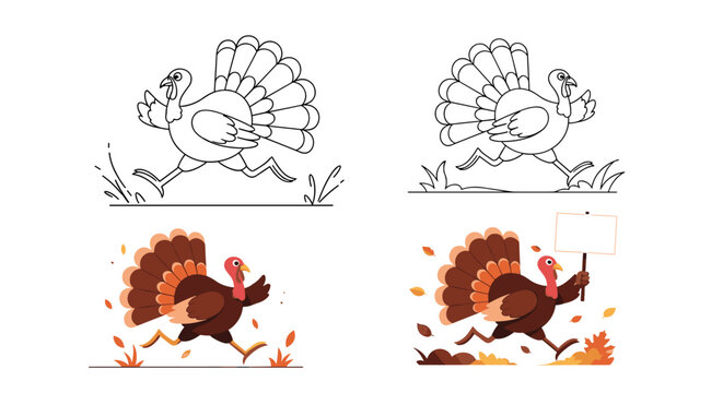 Funny cartoon turkey running with feathers flying and holding sign thanksgiving celebration fun - Powered by Adobe
