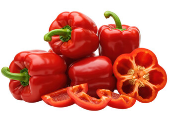 Vibrant red bell peppers whole and sliced artfully arranged on a transparent background isolated on transparent background