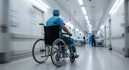 A person in a wheelchair in a modern hospital corridor.