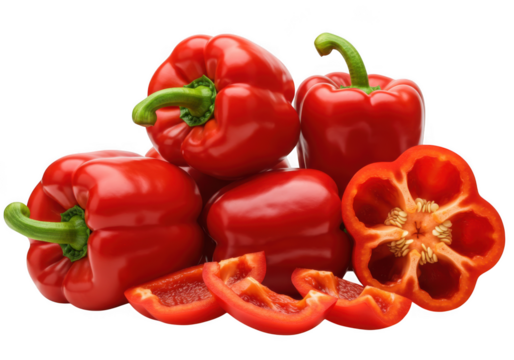 Vibrant red bell peppers whole and sliced artfully arranged on a transparent background isolated on transparent background